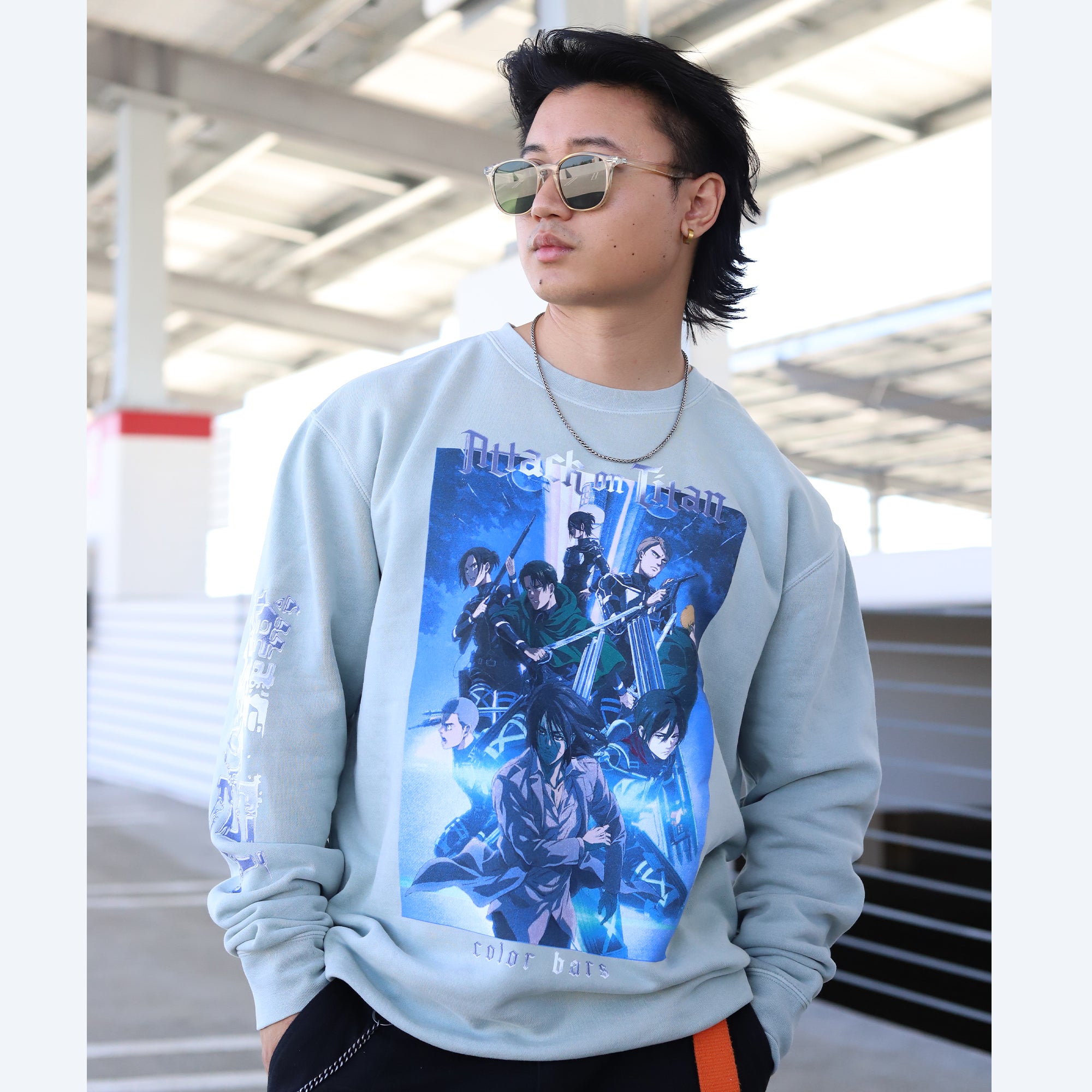 Attack on Titan x Color Bars Brigade Crewneck Long Sleeve T-Shirt (Sage)-MOSSCIU