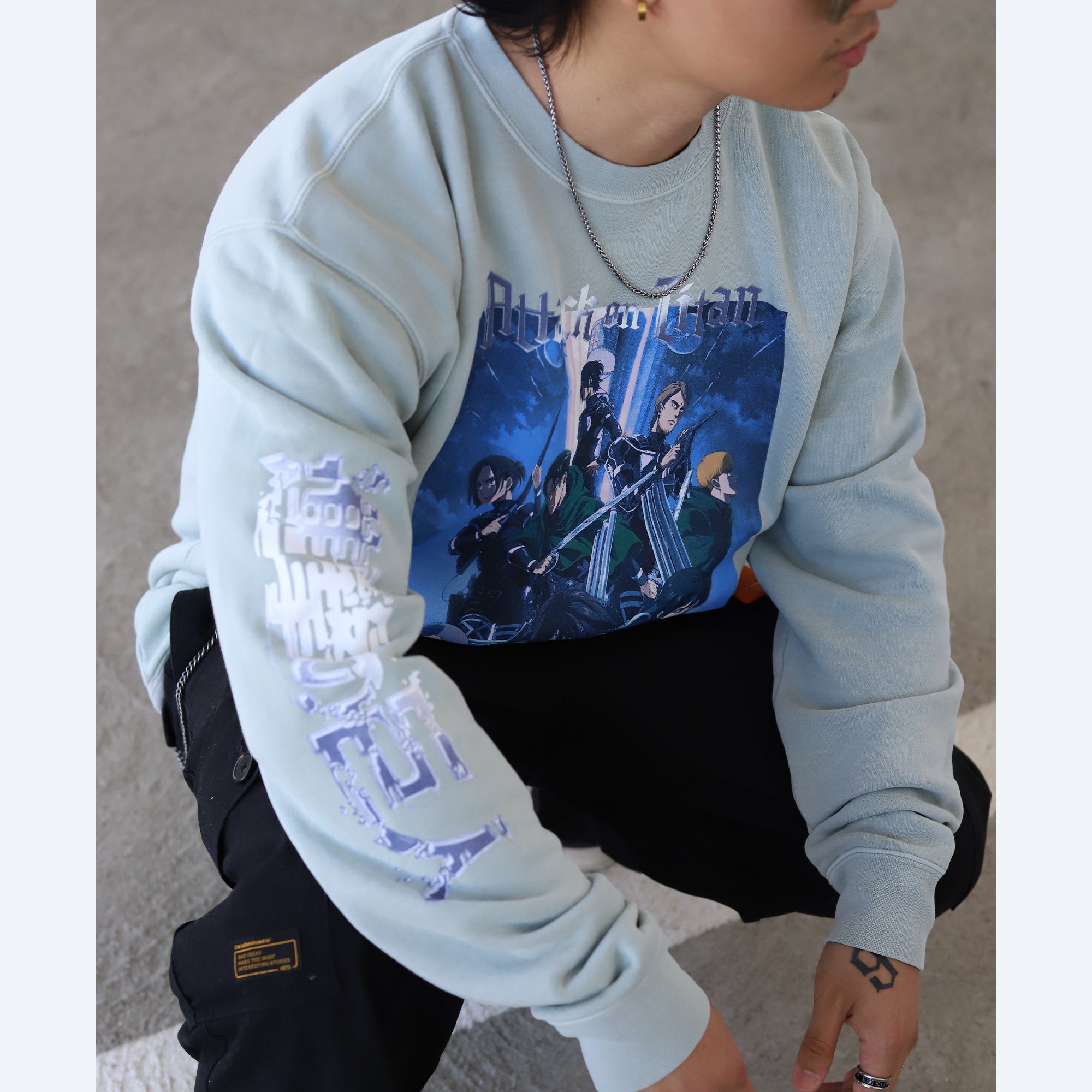 Attack on Titan x Color Bars Brigade Crewneck Long Sleeve T-Shirt (Sage)-MOSSCIU