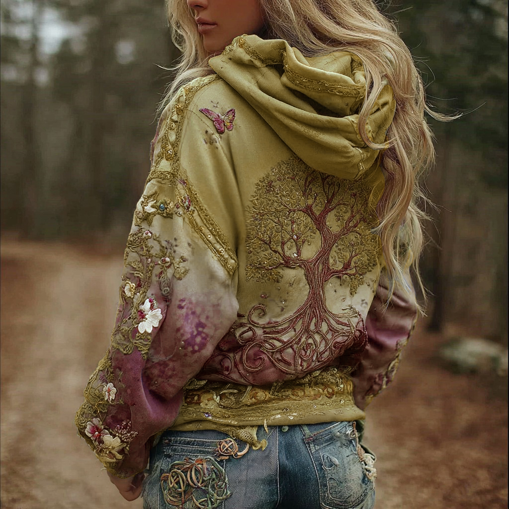 Women's Vintage Viking Tree Of Life Art Gradient Comfort Hoodie 4fa4-MOSSCIU