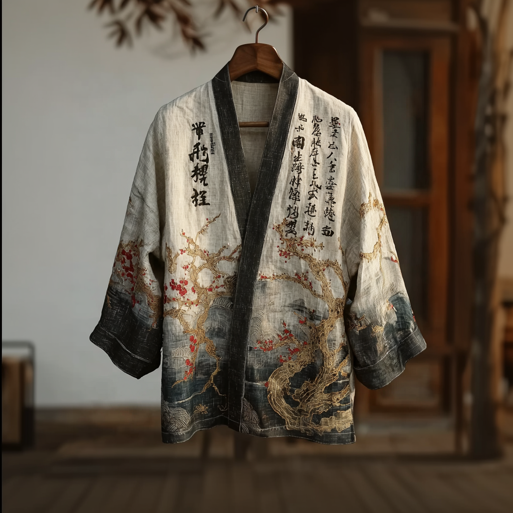 Men's Retro Line Art Pattern Casual Linen Kimono-MOSSCIU