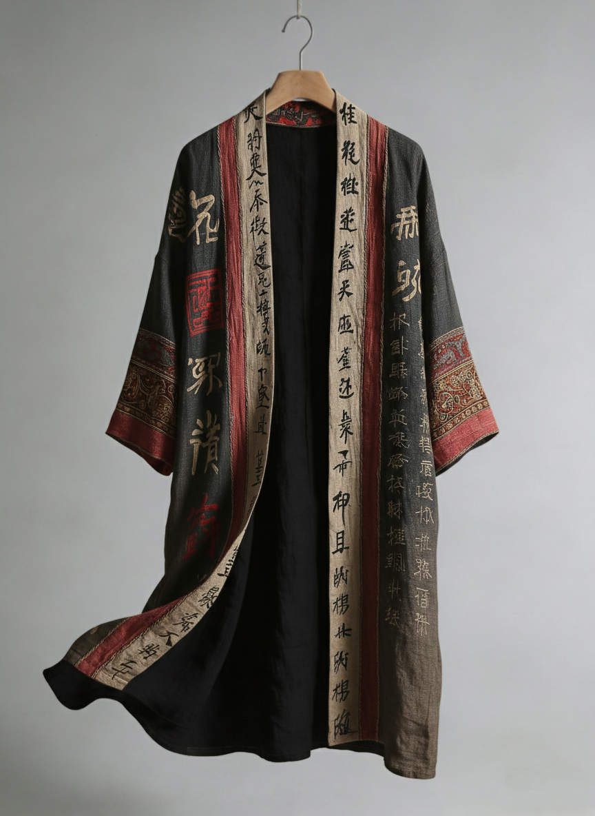 Men's Retro Calligraphy And Painting Art Linen Long Kimono-MOSSCIU