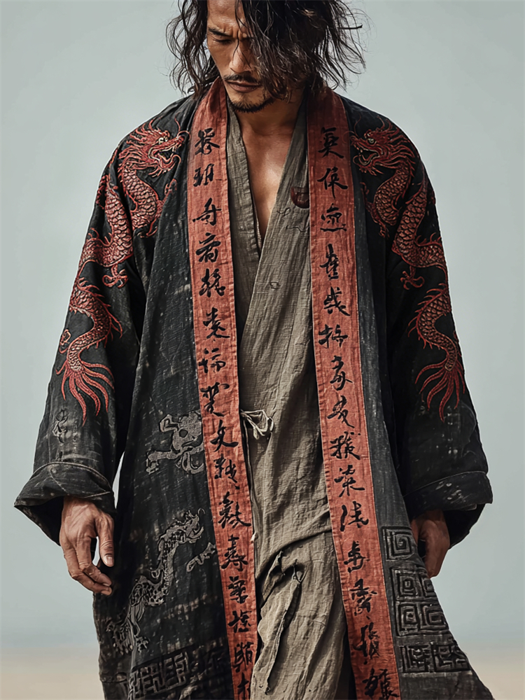 Men's Japanese Dragons Calligraphy Placket Linen Long Kimono-MOSSCIU