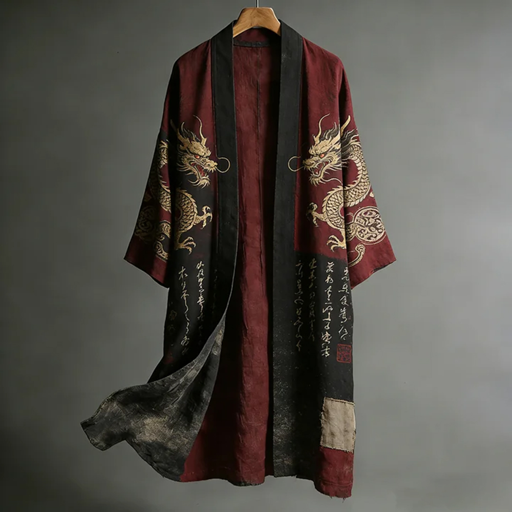 Japanese-style Dragon Pattern And Calligraphy Art Color-block Distressed Linen Kimono-MOSSCIU