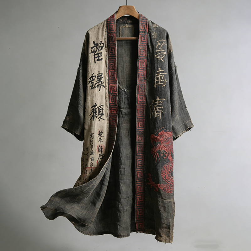 Men's Japanese Dragon Pattern Calligraphy And Painting Art Linen Long Kimono-MOSSCIU