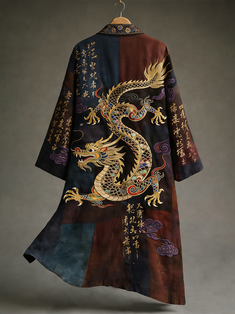Men's Vintage Japanese Calligraphy Dragon Art Pattern Linen Blend Kimono-MOSSCIU