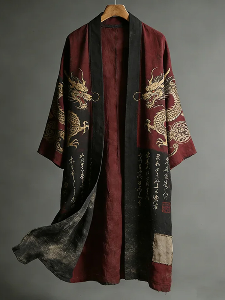 Japanese-style Dragon Pattern And Calligraphy Art Color-block Distressed Linen Kimono-MOSSCIU