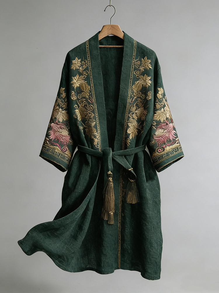 Japanese Maple Leaf Print Linen Blend Kimono-MOSSCIU