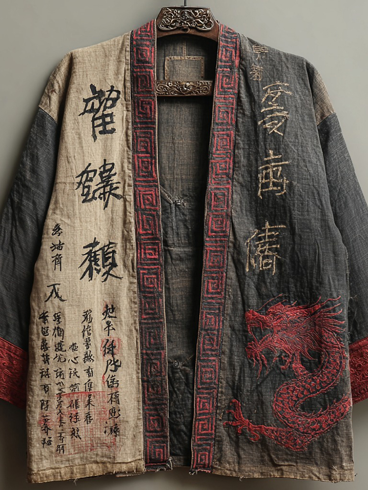 Men's Retro Japanese Calligraphy And Dragon Art Pattern Linen Blend Shorts Kimono-MOSSCIU