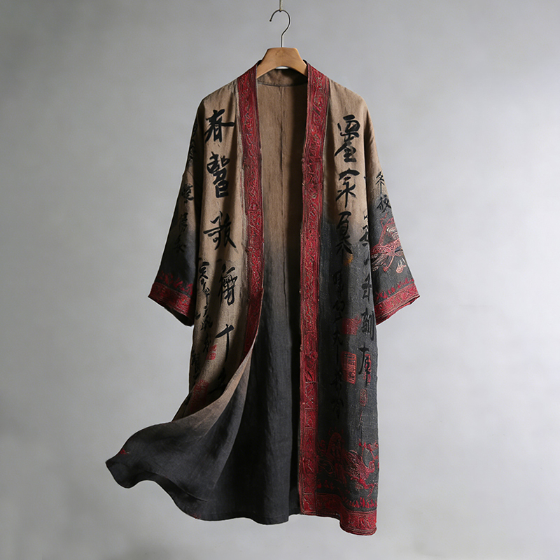 Men's Retro Calligraphy And Painting Art Linen Long Kimono-MOSSCIU