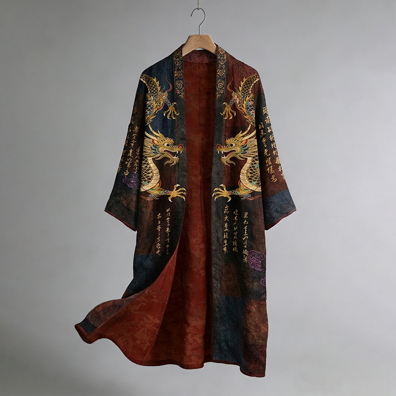 Men's Vintage Japanese Calligraphy Dragon Art Pattern Linen Blend Kimono-MOSSCIU