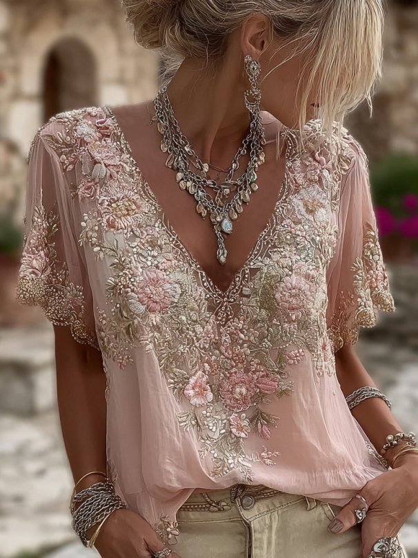 Women's Floral Embroidered Art V-neck Short Sleeved Linen Blend T-shirt 0cc3-MOSSCIU