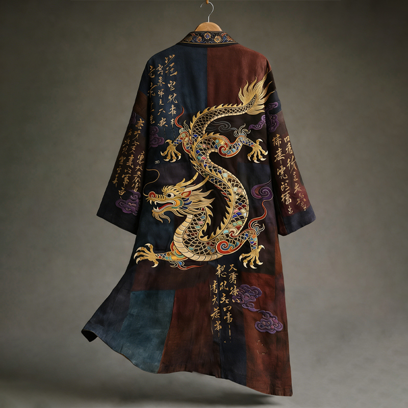 Men's Vintage Japanese Calligraphy Dragon Art Pattern Linen Blend Kimono-MOSSCIU