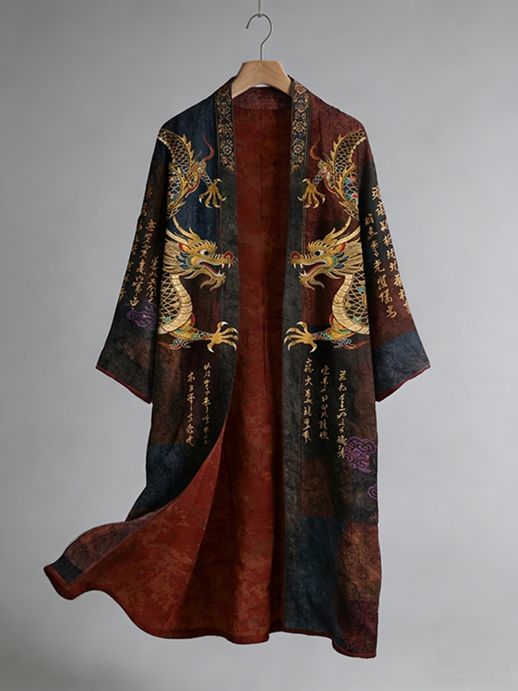 Men's Vintage Japanese Calligraphy Dragon Art Pattern Linen Blend Kimono-MOSSCIU