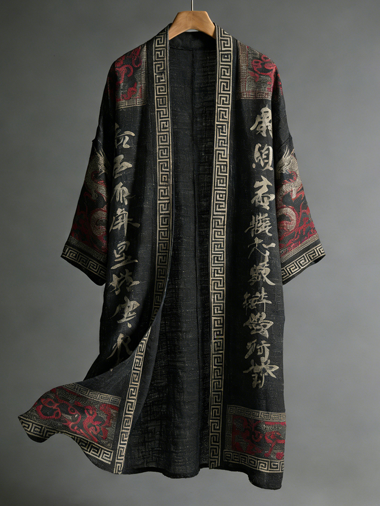 Men's Japanese Dragon Pattern Calligraphy And Painting Art Linen Long Kimono-MOSSCIU