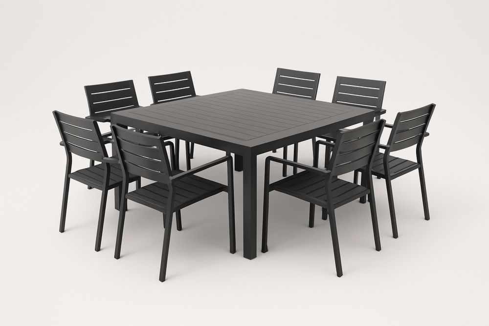 Zestaw mebli ogrodowych z aluminium z kwadratowym stołem i 8 krzesłami czarny