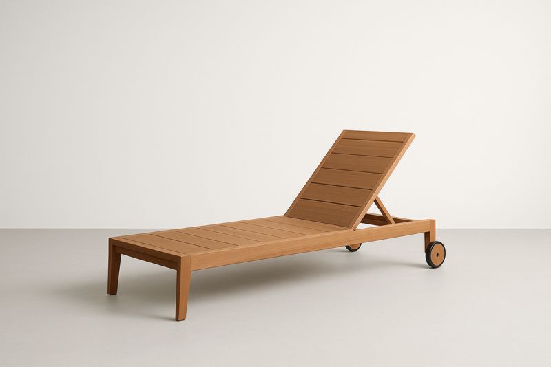 Drewniany leżak z teakowym oparciem na kółkach