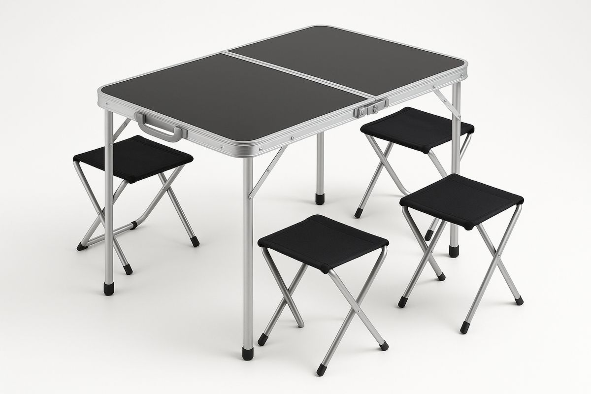 Składany stół aluminiowy z 4 krzesłami z tkaniny poliestrowej, czarny