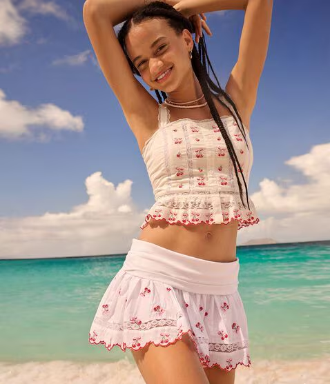 Embroidered Cherries Fold-Over Mini Skirt