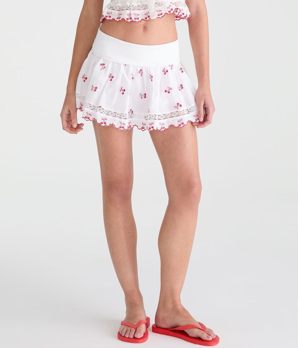 Embroidered Cherries Fold-Over Mini Skirt