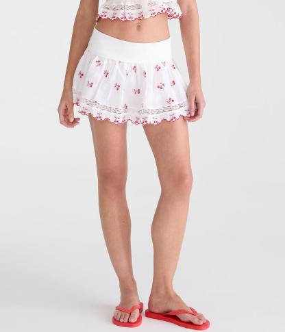 Embroidered Cherries Fold-Over Mini Skirt