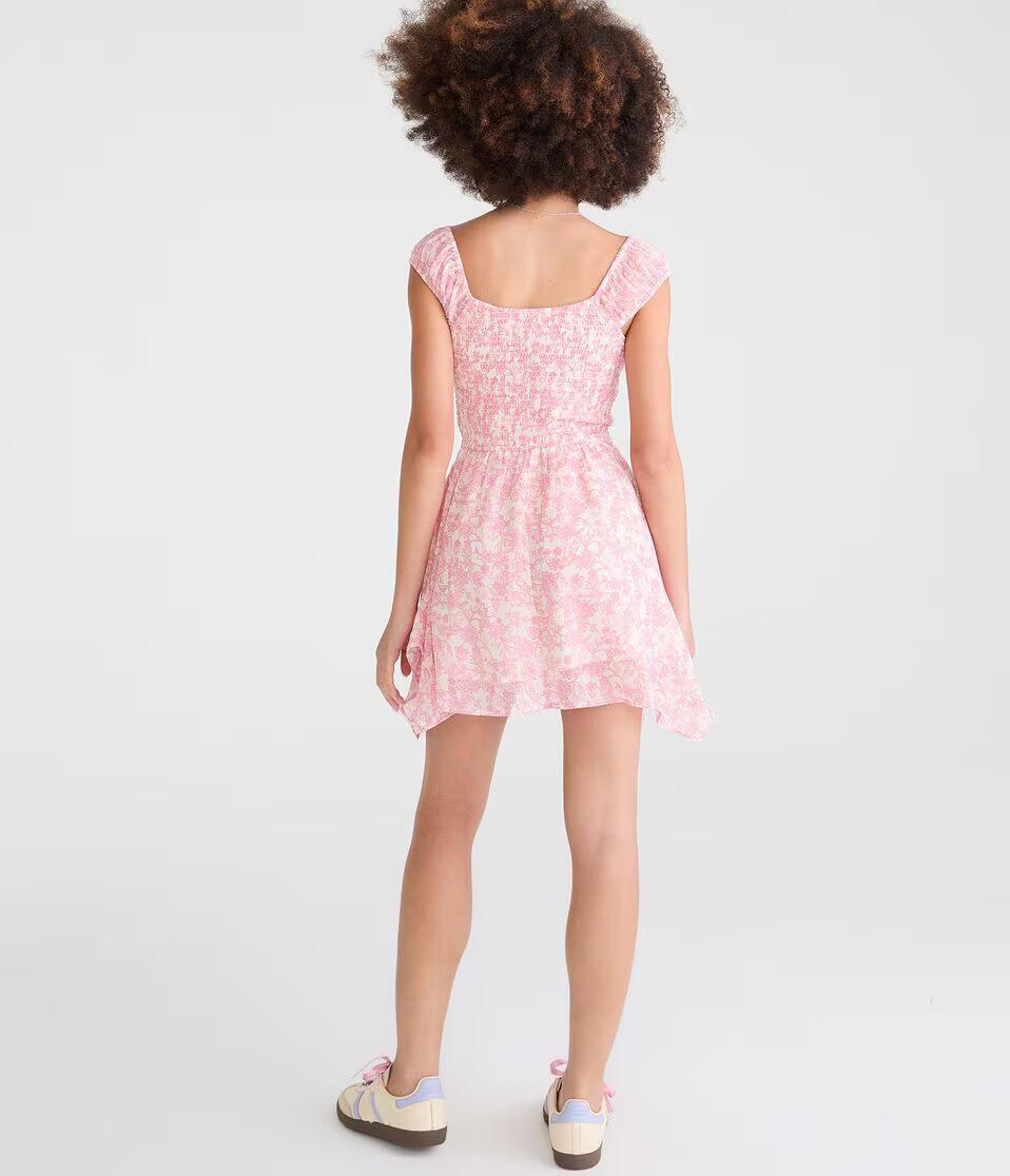 Floral V-Neck Handkerchief Hem Mini Dress