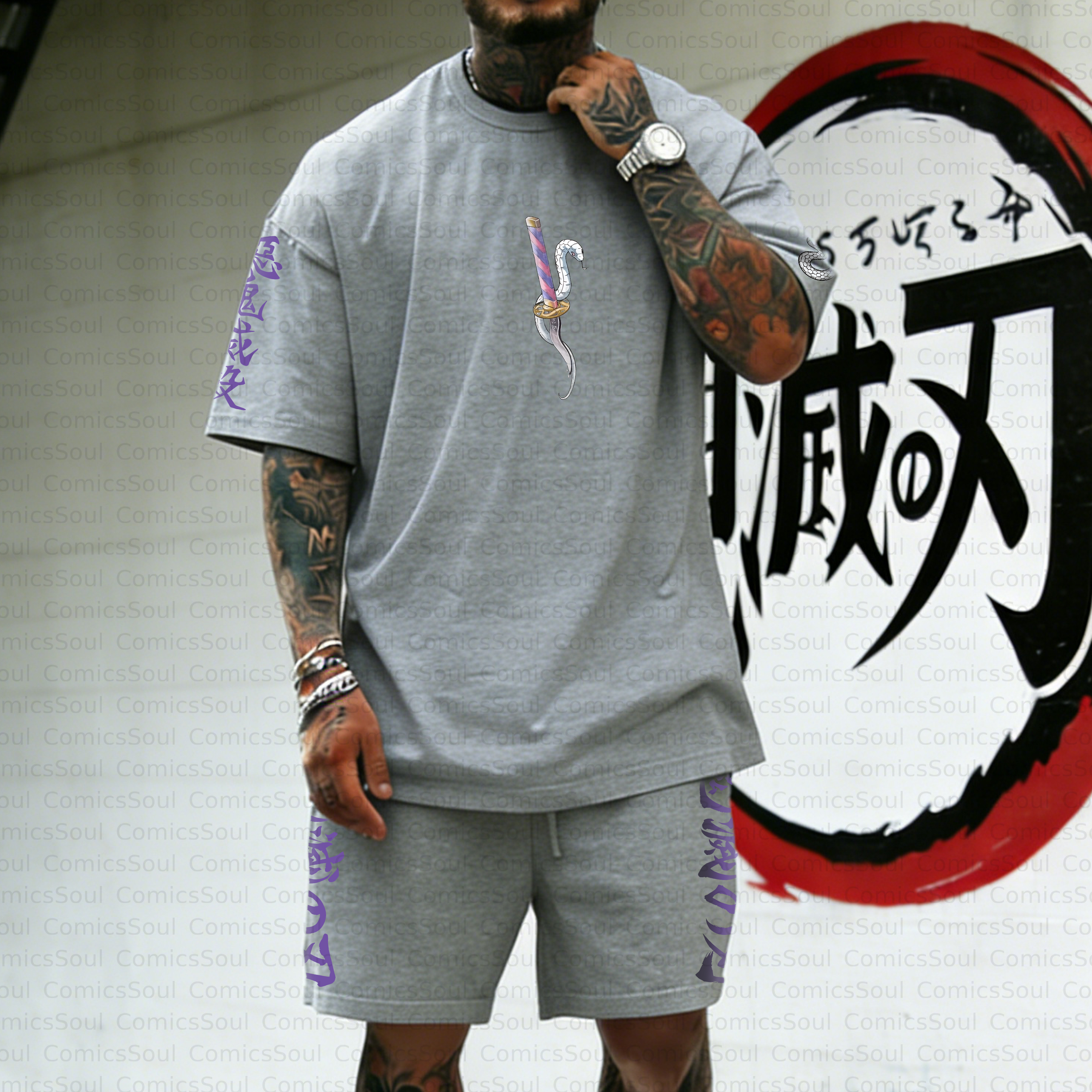 Unisex Anime Inspired Vintage T-shirt& Shorts Two-Pieces Set