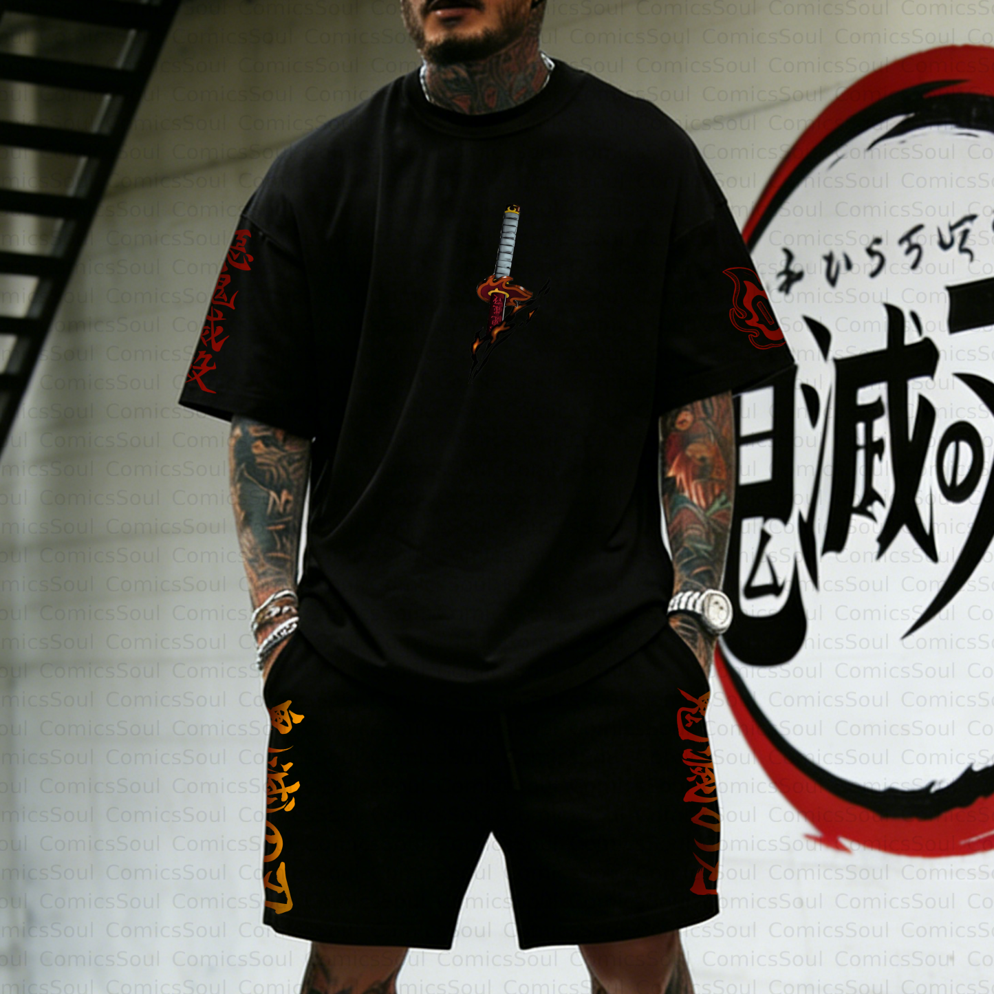 Unisex Anime Inspired Vintage T-shirt& Shorts Two-Pieces Set