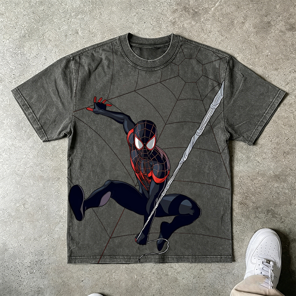 Urban Black Suit Spider-Man Web Background Casual Cotton Tee