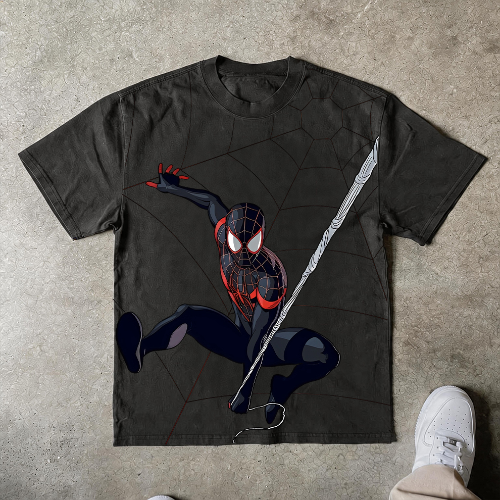 Urban Black Suit Spider-Man Web Background Casual Cotton Tee