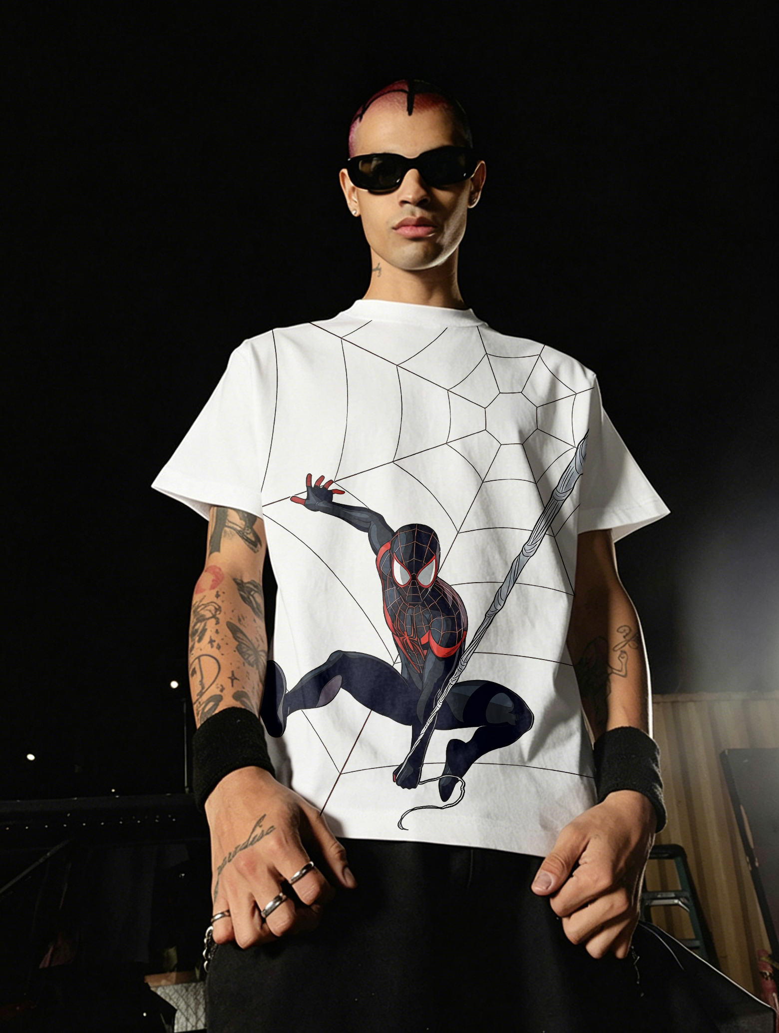 Urban Black Suit Spider-Man Web Background Casual Cotton Tee