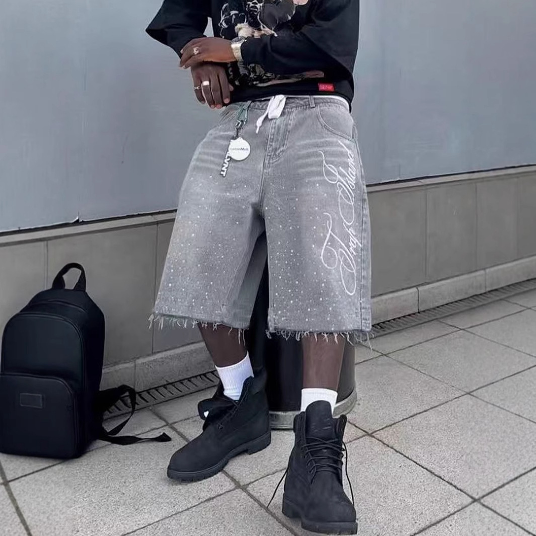 Baggy Distressed Denim Shorts with All-Over Rhinestones