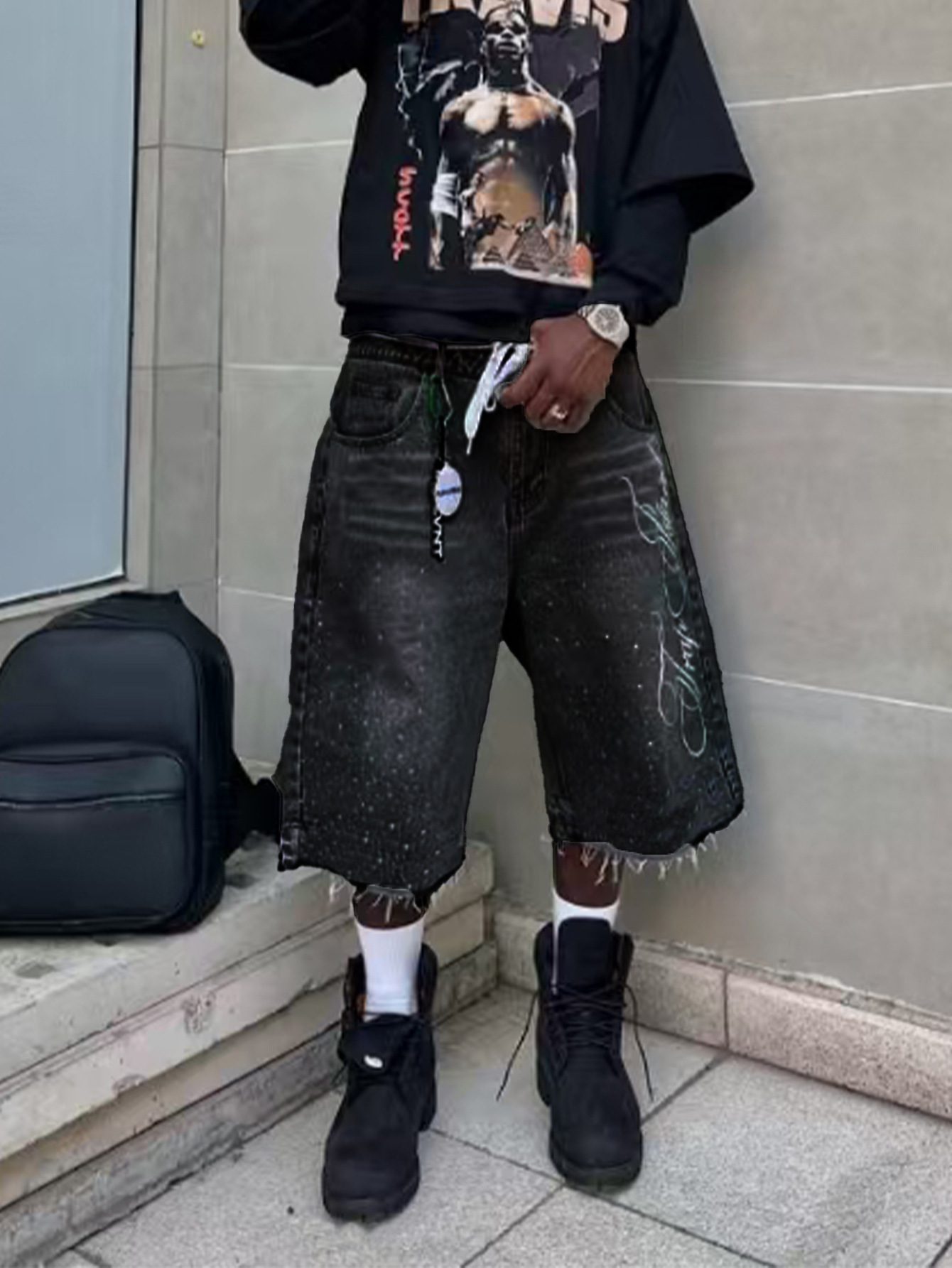 Baggy Distressed Denim Shorts with All-Over Rhinestones