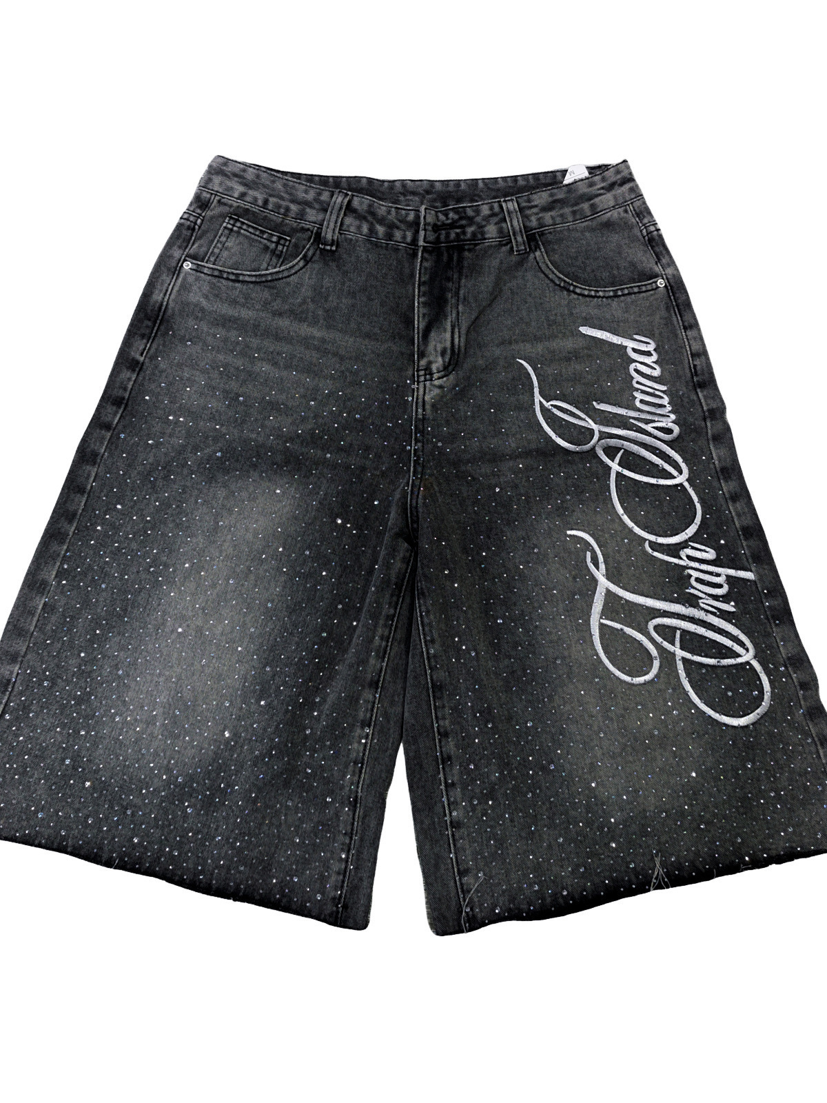 Baggy Distressed Denim Shorts with All-Over Rhinestones