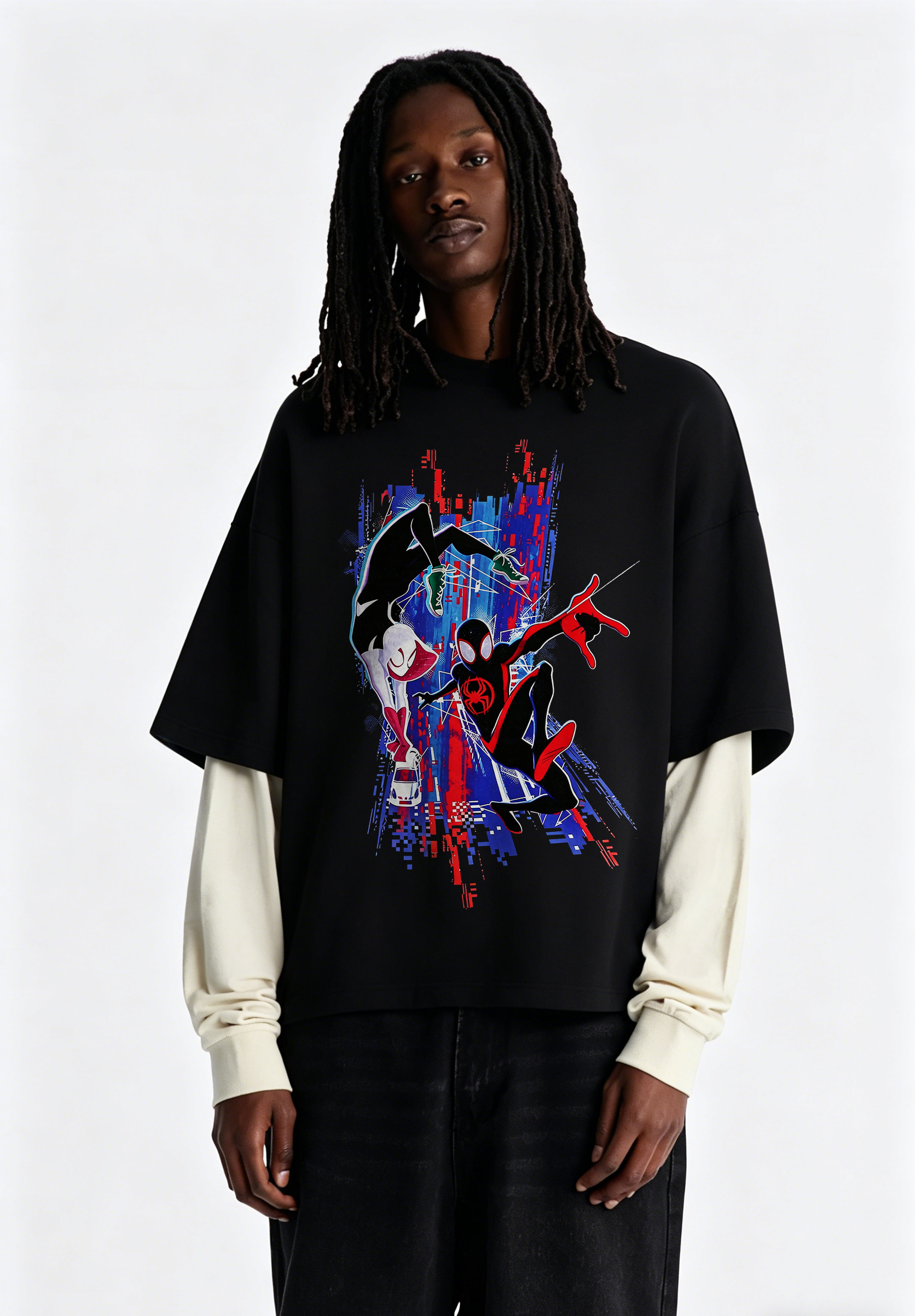 Spider-Verse Miles Morales & Spider-Gwen Glitch Oversized Graphic Tee