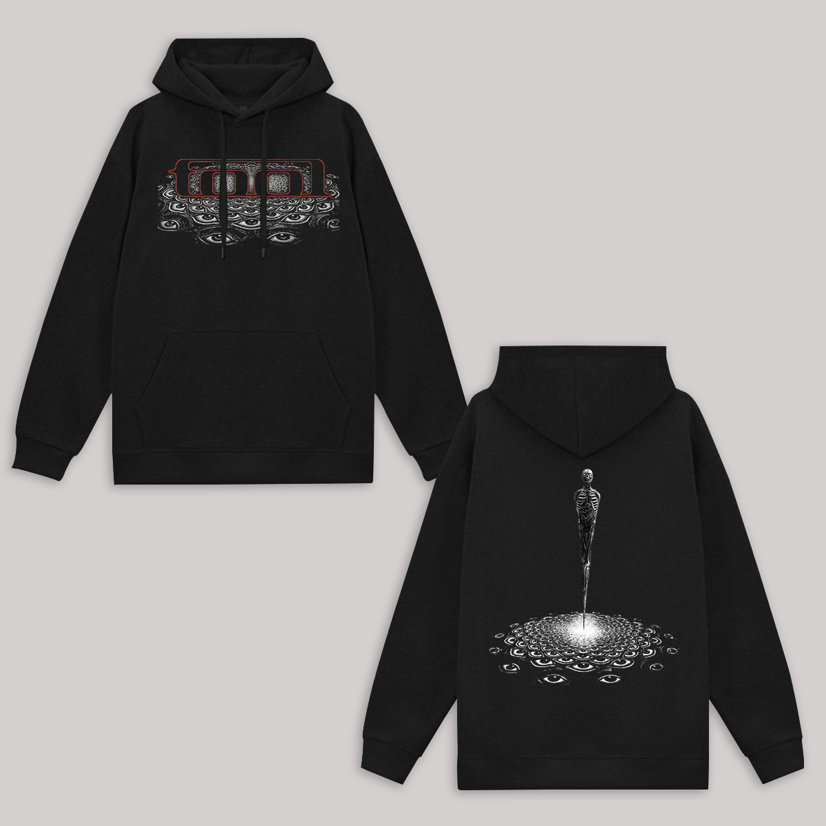 "Eye Mosaic Skeleton Spire" Minimalist Black Hoodie