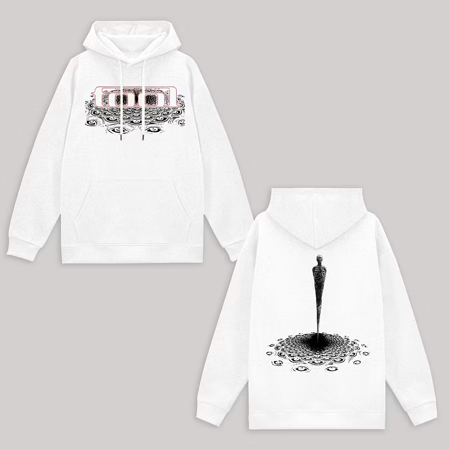 "Eye Mosaic Skeleton Spire" Minimalist Black Hoodie