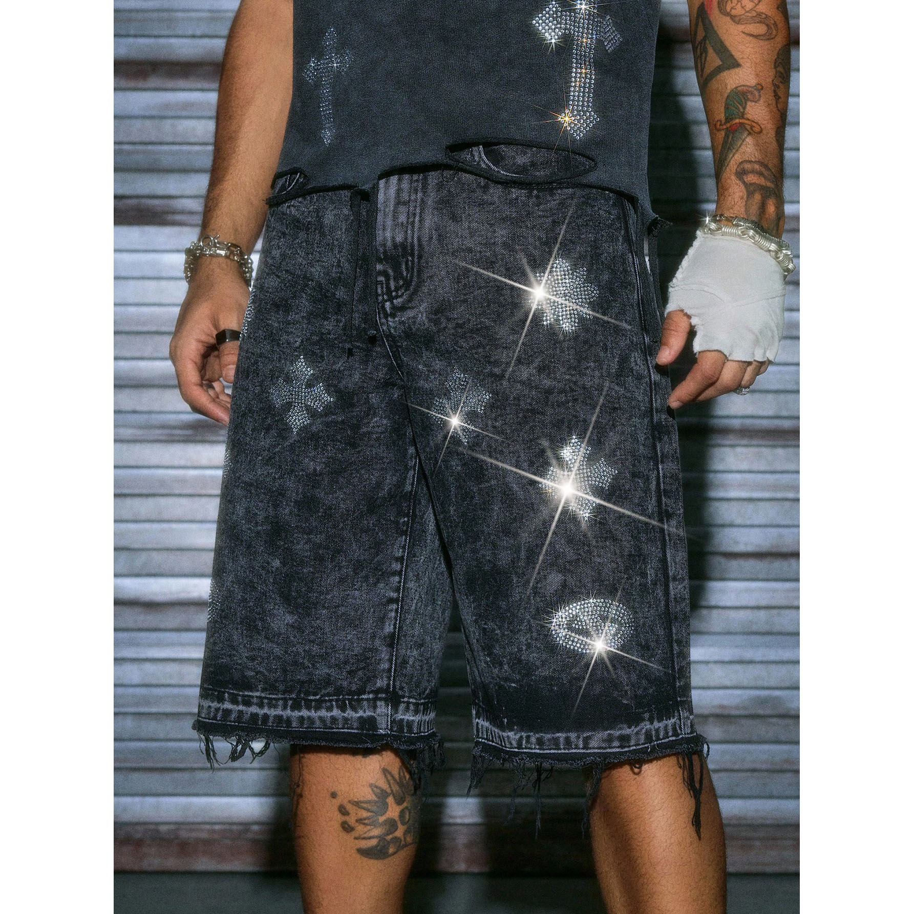 Streetwear Bling Cross Rhinestone Frayed Denim Shorts