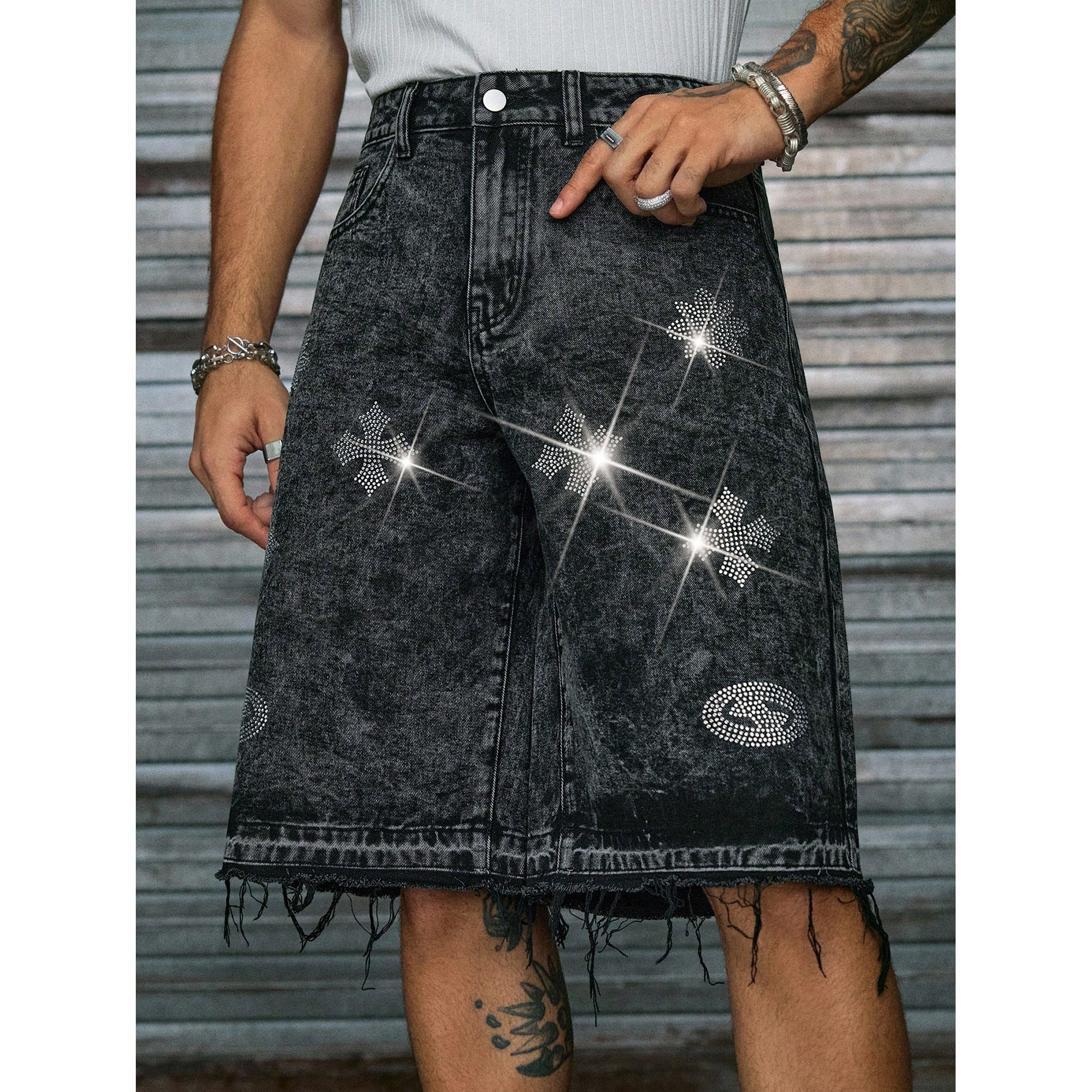 Streetwear Bling Cross Rhinestone Frayed Denim Shorts