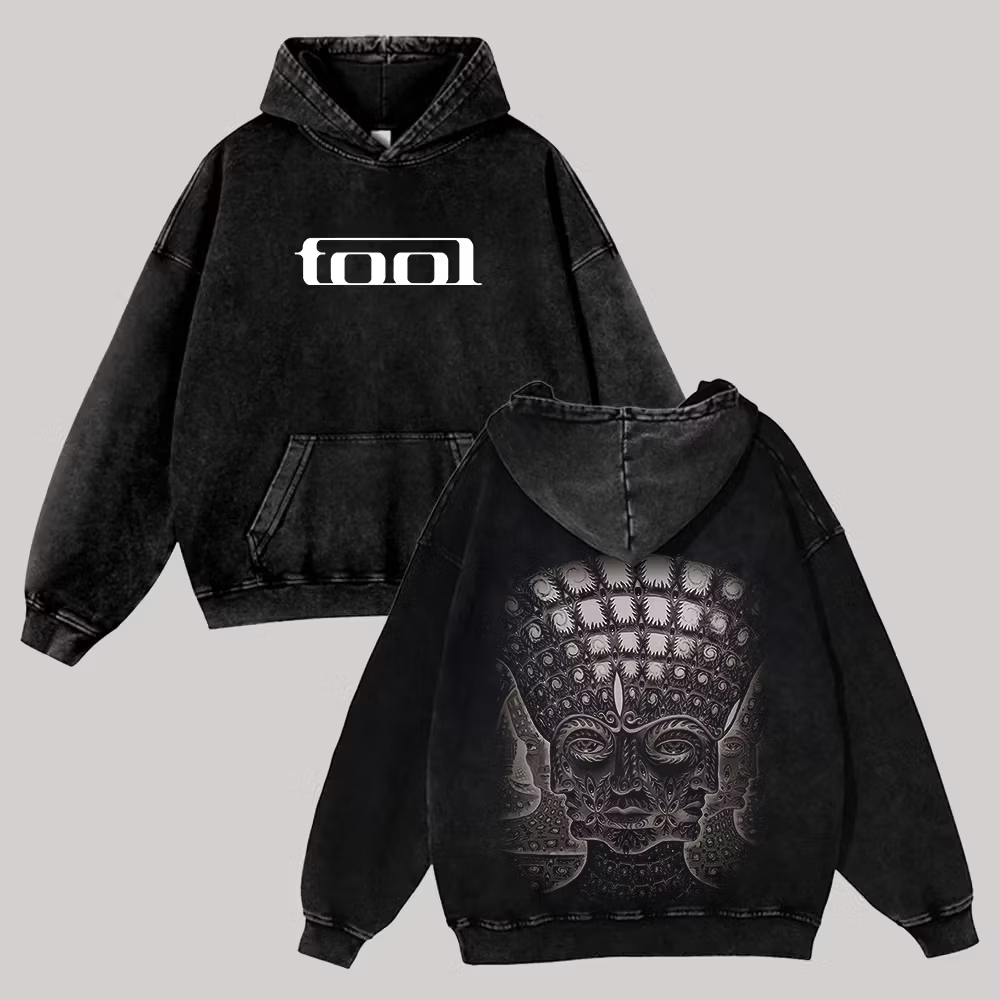 Washed Black "Psychedelic Stone Face" Oversized Hoodie