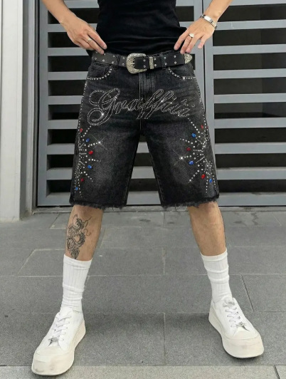 Hypebeast Rhinestone Cross Distressed Denim Shorts