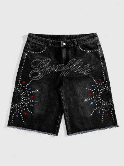 Hypebeast Rhinestone Cross Distressed Denim Shorts