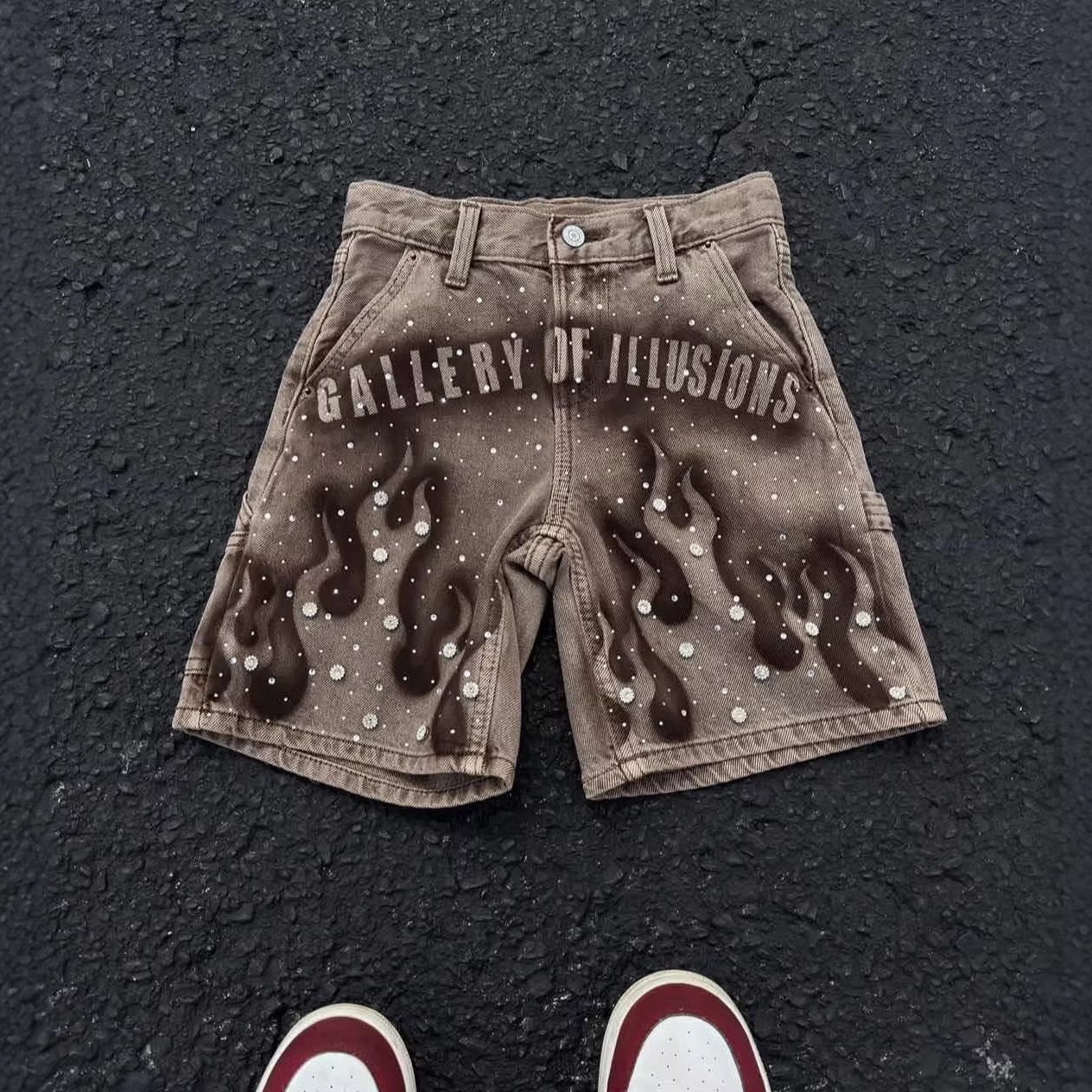Acid Wash Black Denim Shorts with "Gallery of Illusions" & Flames