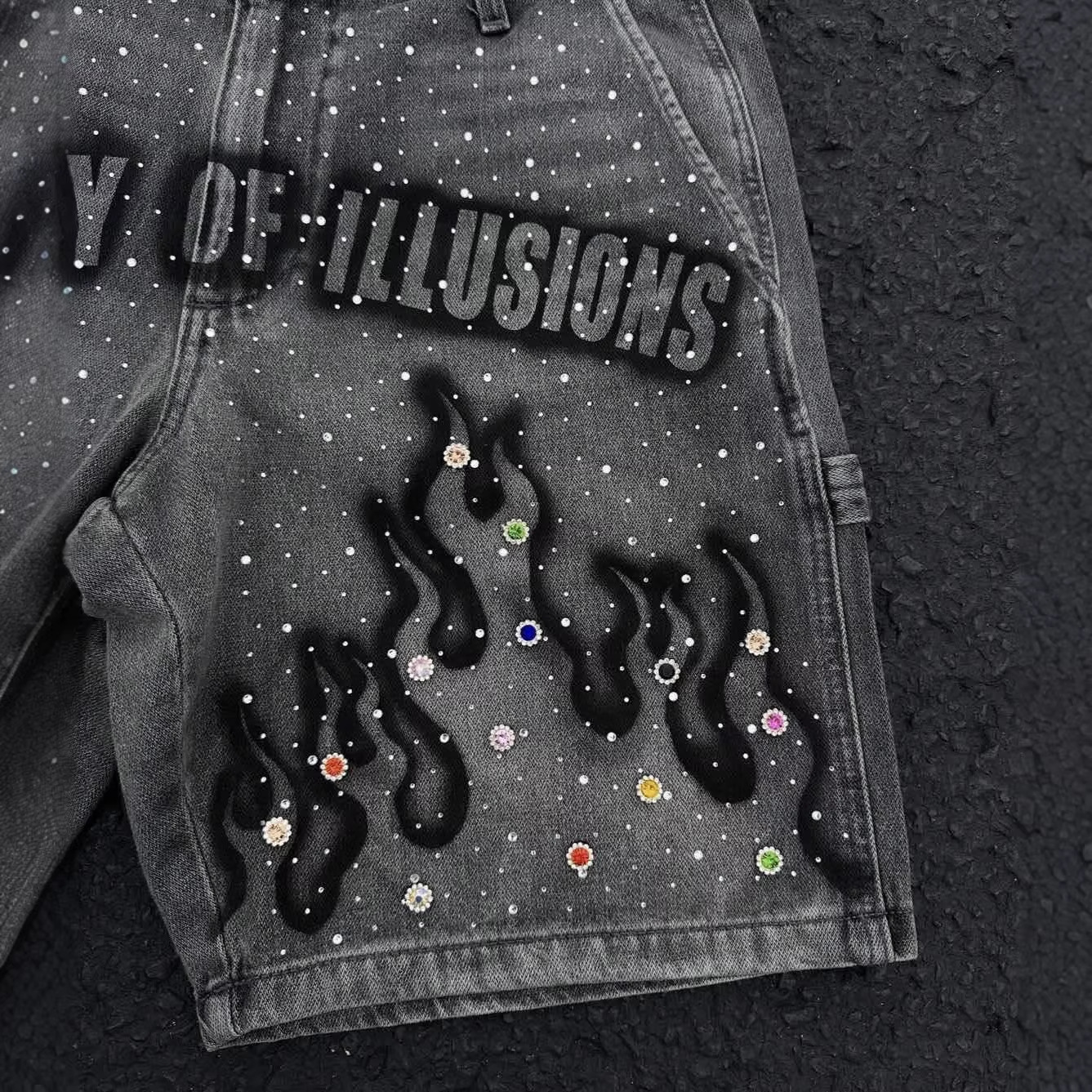 Acid Wash Black Denim Shorts with "Gallery of Illusions" & Flames