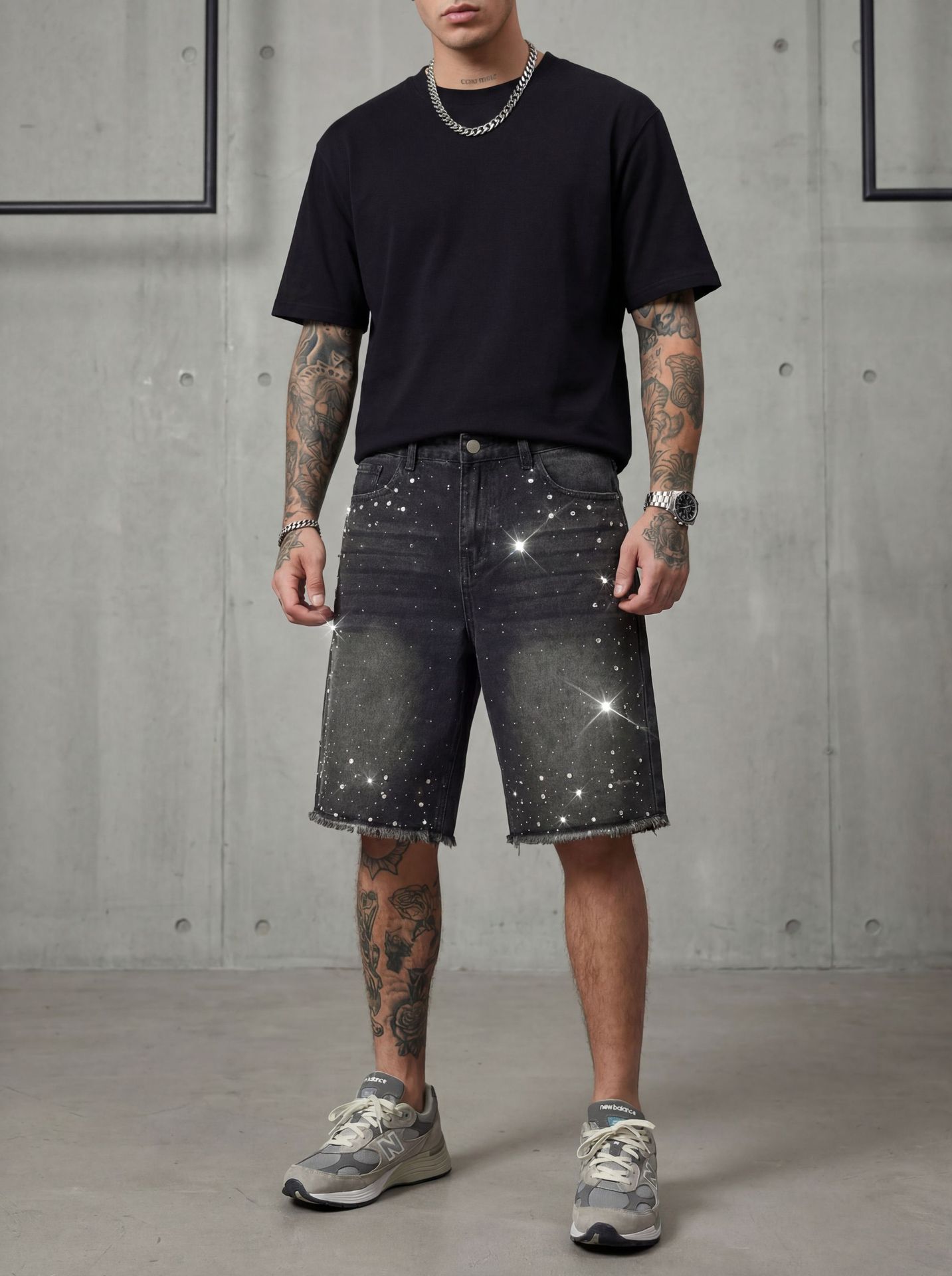 Washed Black Rhinestone Denim Shorts - "Midnight Sparkle"