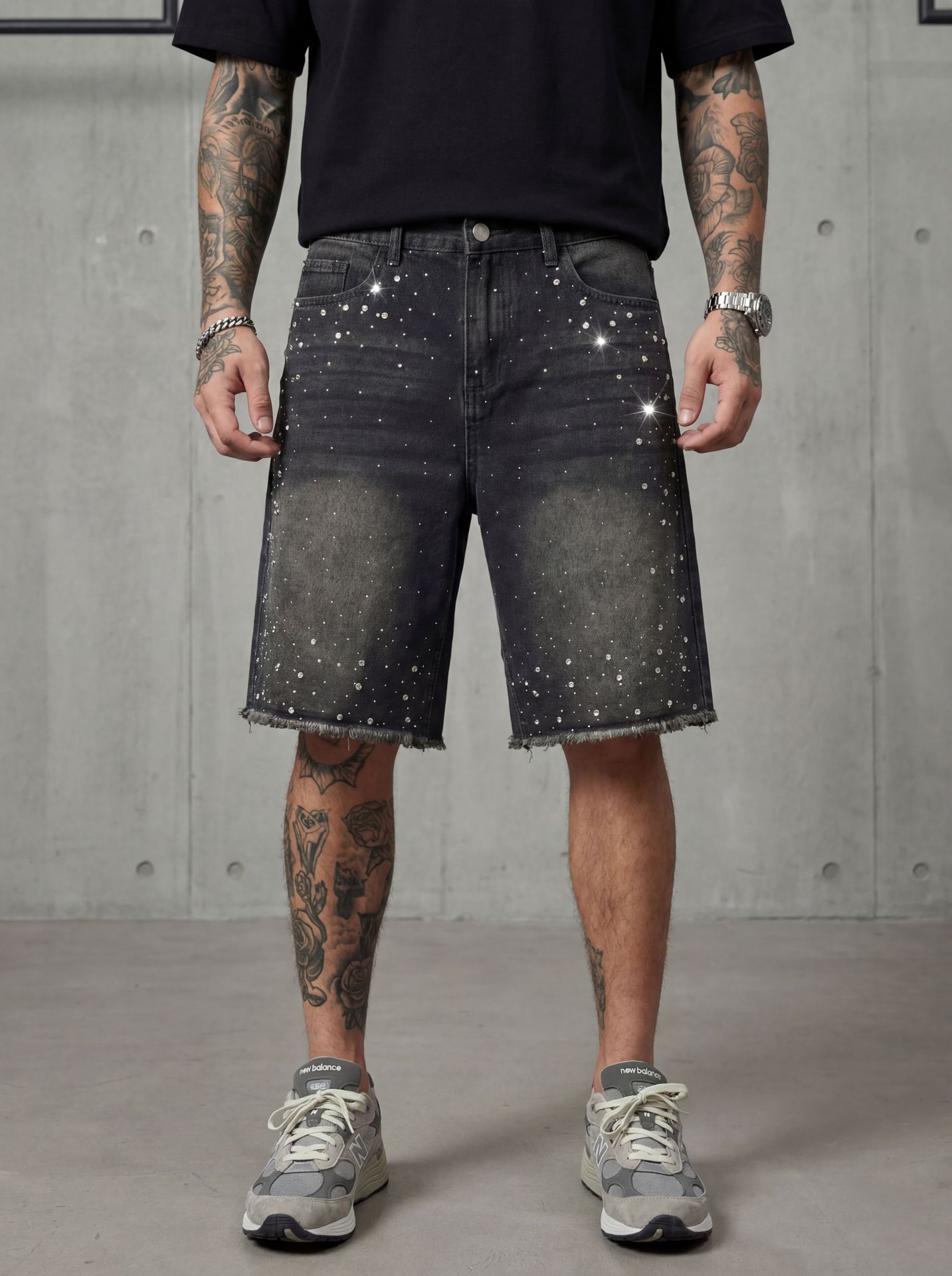 Washed Black Rhinestone Denim Shorts - "Midnight Sparkle"