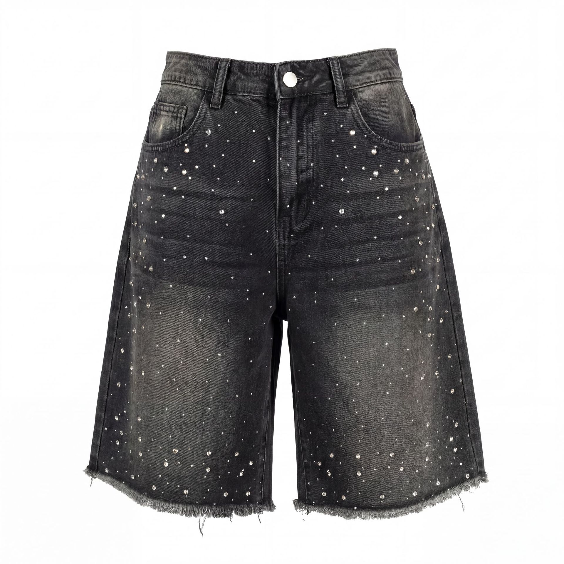 Washed Black Rhinestone Denim Shorts - "Midnight Sparkle"