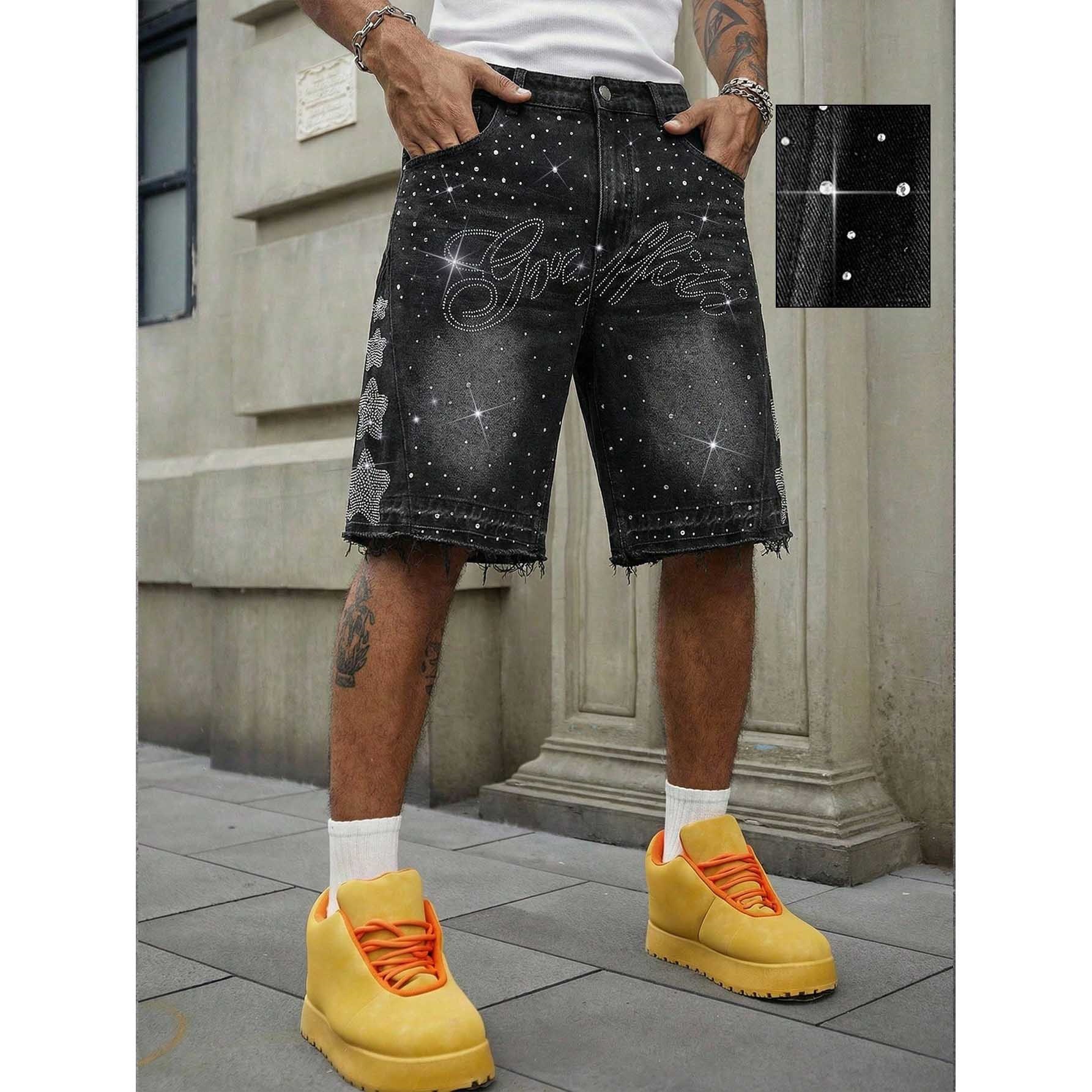 Washed Black Denim Shorts with "Graffiti" Script & Star Rhinestones