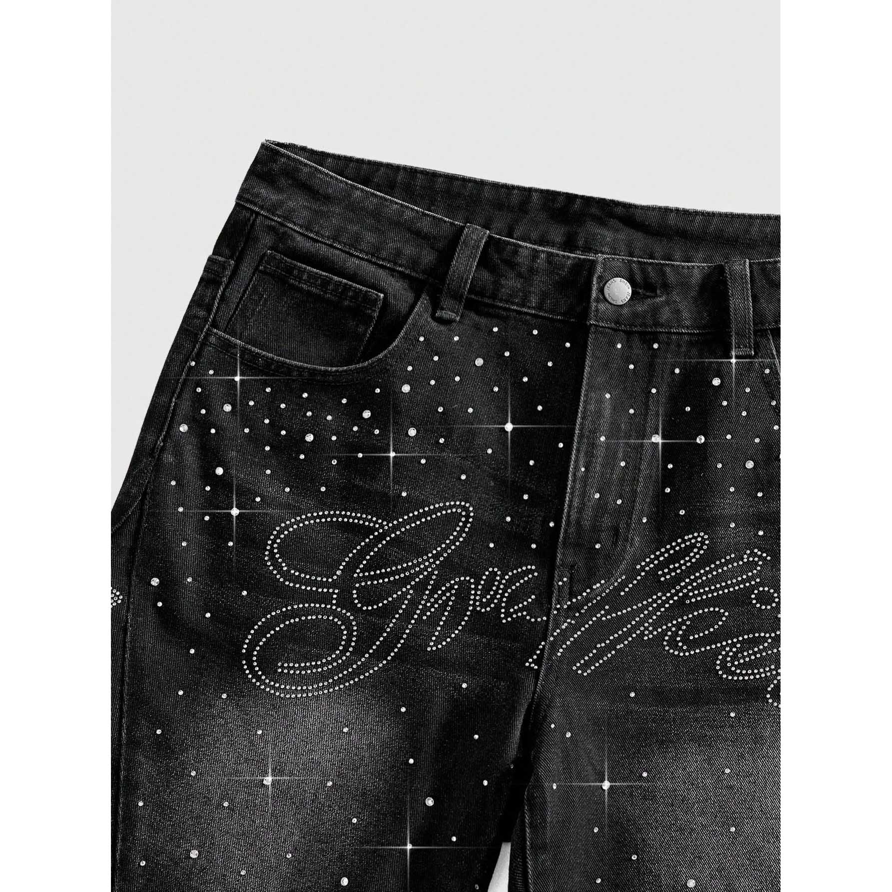 Washed Black Denim Shorts with "Graffiti" Script & Star Rhinestones