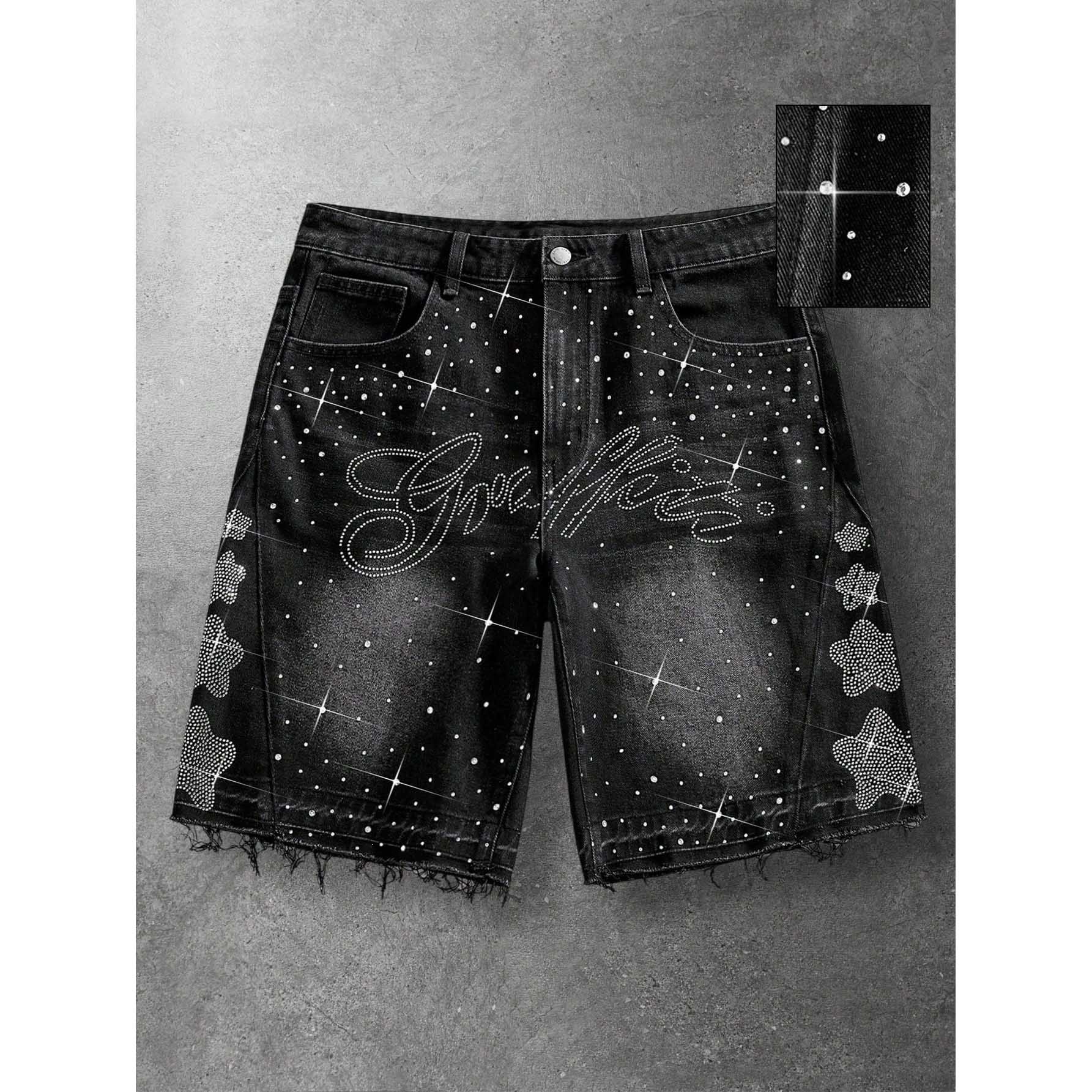 Washed Black Denim Shorts with "Graffiti" Script & Star Rhinestones