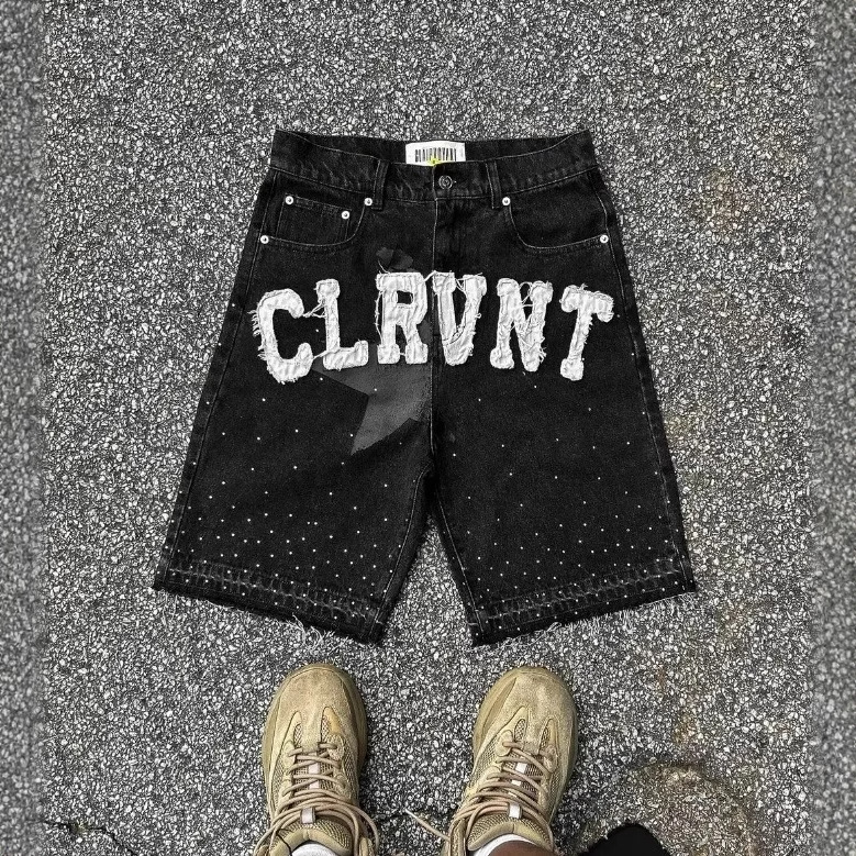 Hypebeast "CLRVNT" Star Rhinestone Baggy Denim Shorts